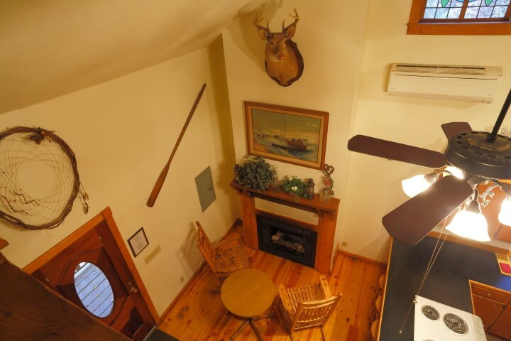 Aerial interior view of sitting area and fireplace, with mounted deer head